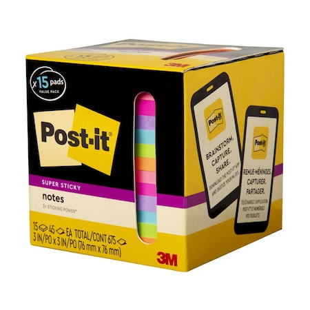 Post-It Super Sticky Notes, 3 in. x 3 in., Assorted Bright Colors, 45 Sheets/Pad, 15PK 7100259643